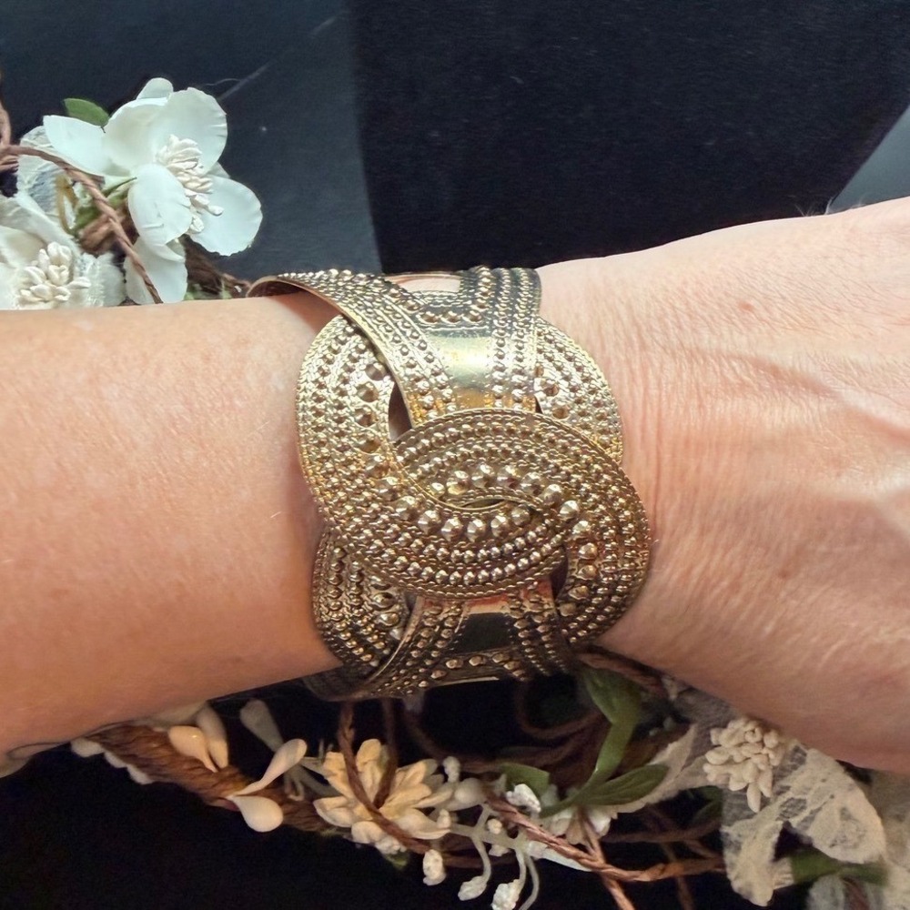 Gold Tone Statement Cuff Bracelet Textured Knot Boho Vintage Style